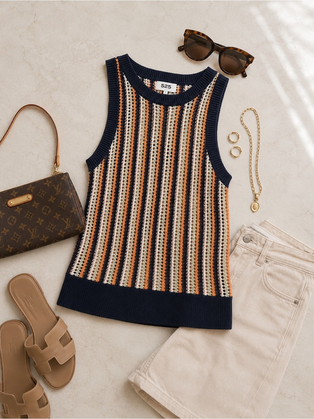 525 America “Krista” open knit crochet tank vertical stripes size XS like NEW